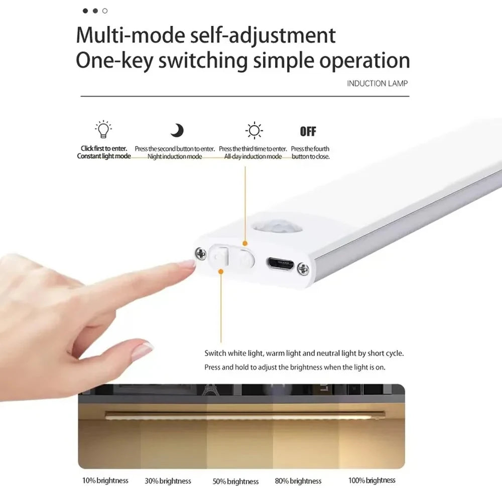 30CM Motion Sensor LED Night Light – USB Rechargeable, 3-Color, Wireless Home Lamp
