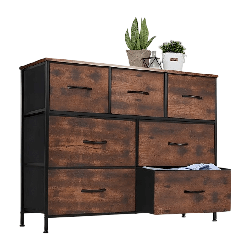 7-Grid Fabric Drawer Organizer – Metal Frame, Wooden Top, Multi-Room Storage Solution