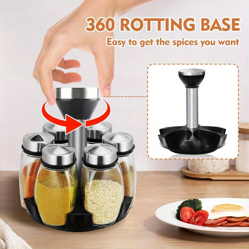 6-Pot Spice Rack Tower – 360° Rotating Kitchen Organizer with Glass Jars, Countertop Storage