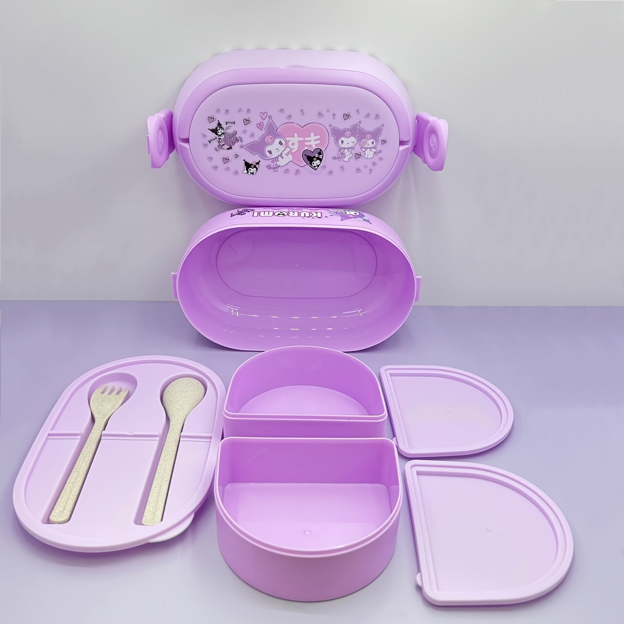 Sanrio Kuromi Bento Lunch Box with Cutlery – Large Capacity, Cute Anime 2-Tier, Portable for School, Office, Gift for Collectors