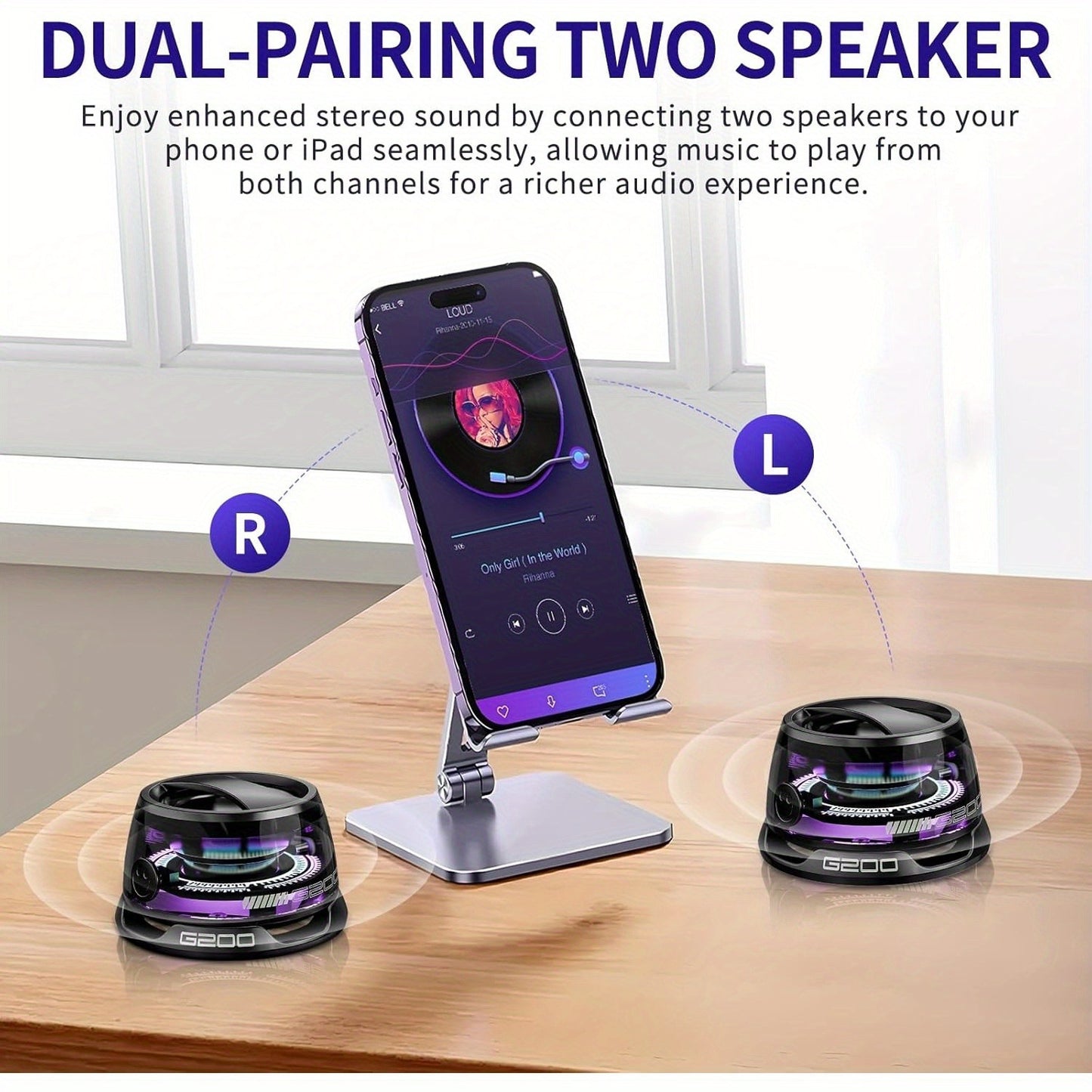 Portable Magnetic Mini Bluetooth Speaker RGB Lights, Phone Stand, Dual Bass, USB-C