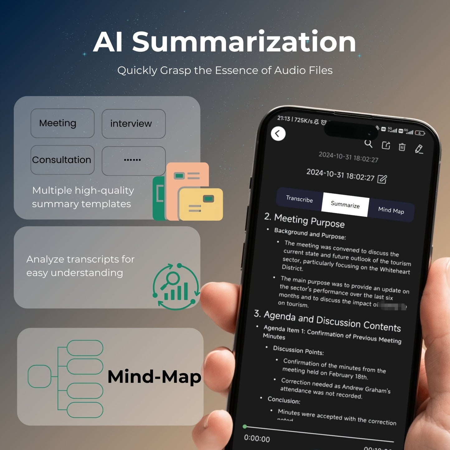 AI Digital Voice Recorder – Voice-to-Text, Translation, GPT-4o Summary, 64GB