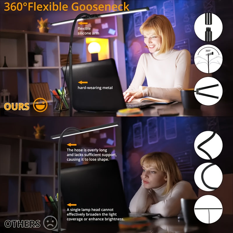 LED Desk Lamp Dual Head Adjustable Gooseneck USB Powered Anti-Glare Metal