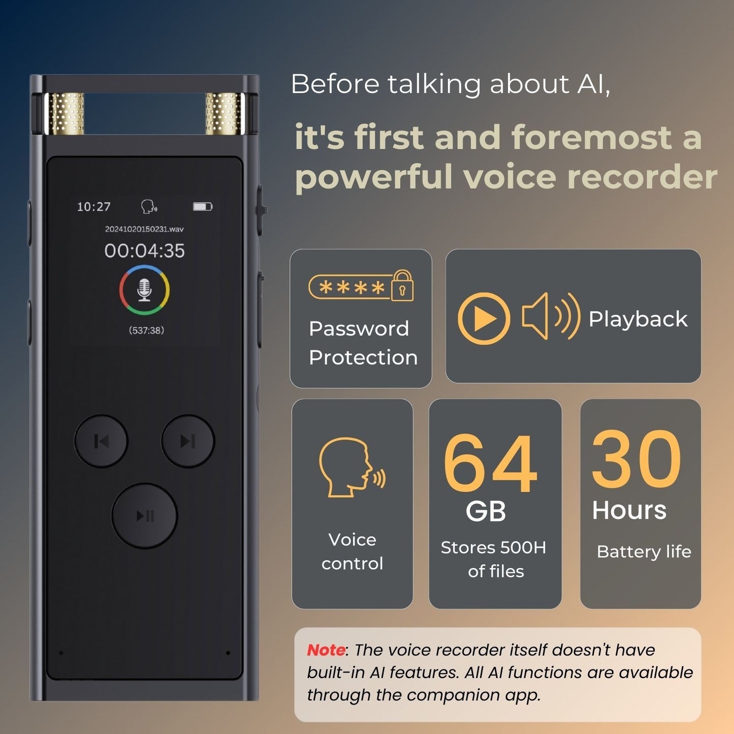 AI Digital Voice Recorder – Voice-to-Text, Translation, GPT-4o Summary, 64GB