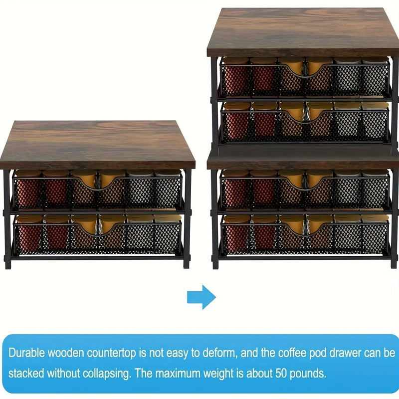 Black Wood & Iron Coffee Rack – K-Cup Holder with Double Drawers, Coffee Station Organizer