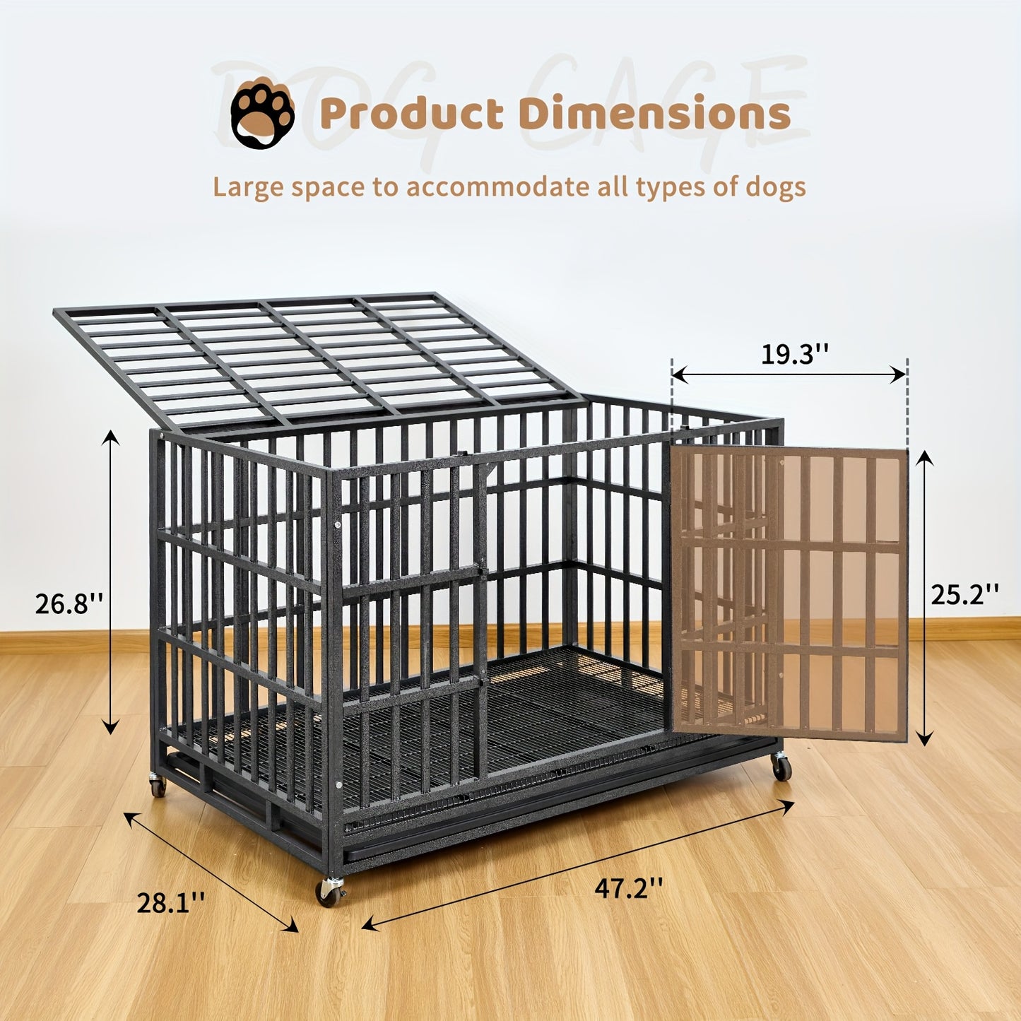 48" XXL Heavy-Duty Dog Crate Escape-Proof Double Door w/ Wheels & Tray