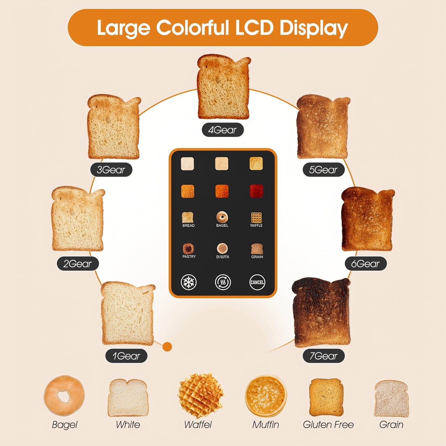 2-Slice Touchscreen Toaster – LCD Display, 6 Levels, Bagel/Defrost, Stainless Steel