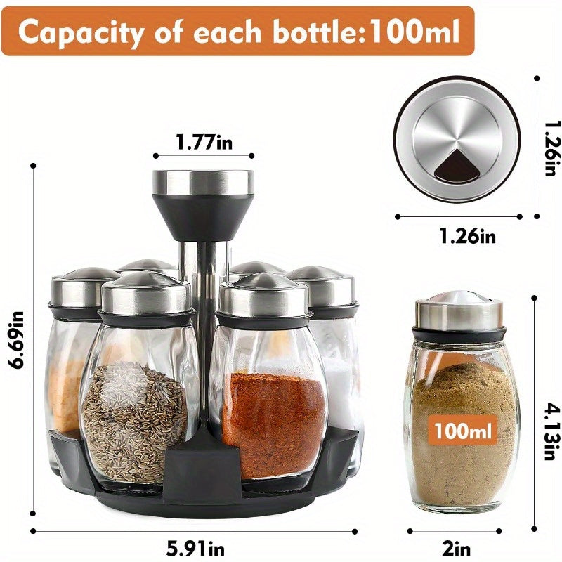 6-Pot Spice Rack Tower – 360° Rotating Kitchen Organizer with Glass Jars, Countertop Storage