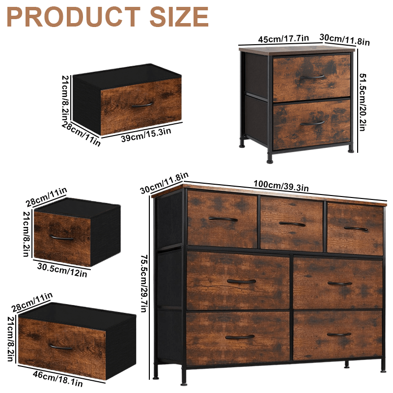 7-Grid Fabric Drawer Organizer – Metal Frame, Wooden Top, Multi-Room Storage Solution