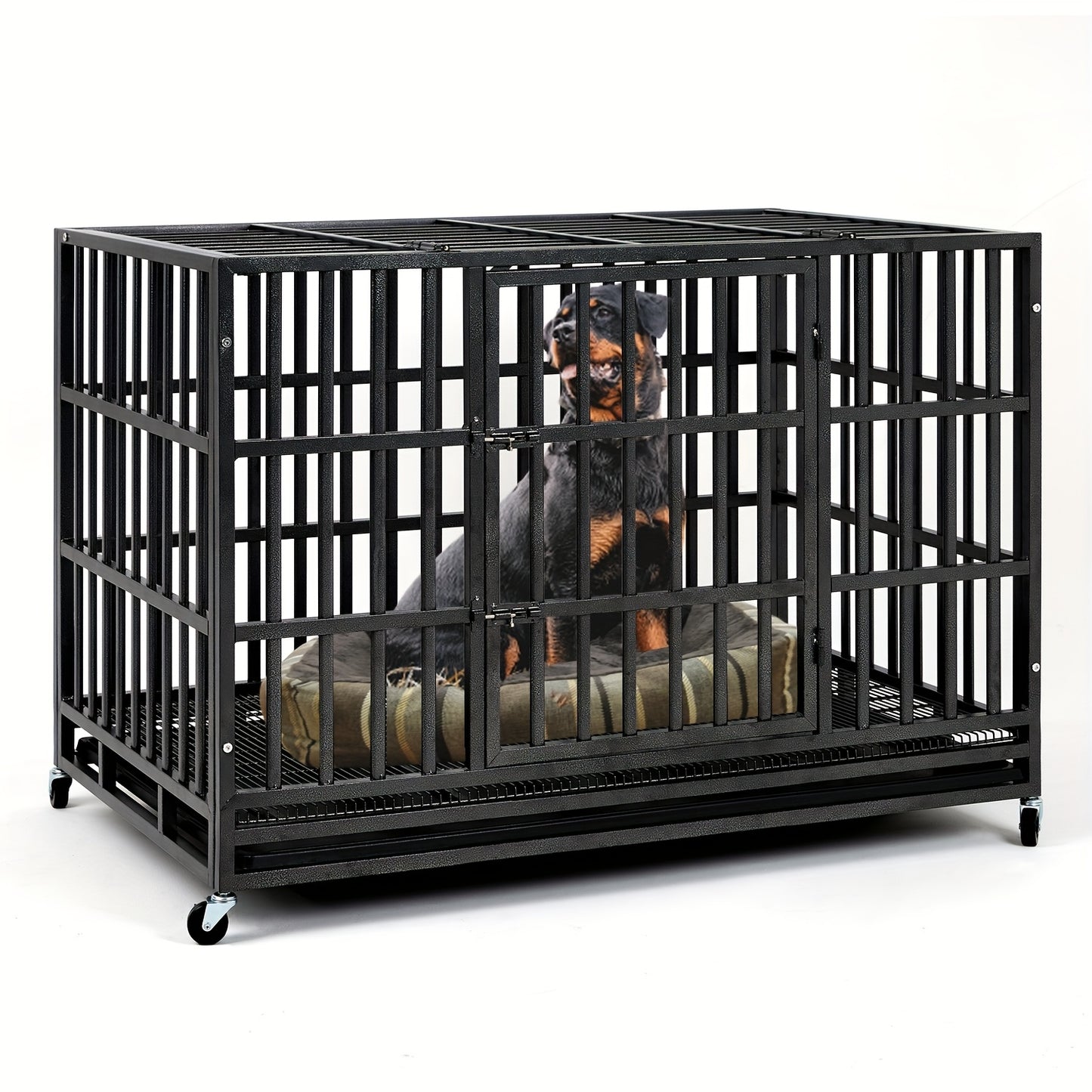 48" XXL Heavy-Duty Dog Crate Escape-Proof Double Door w/ Wheels & Tray