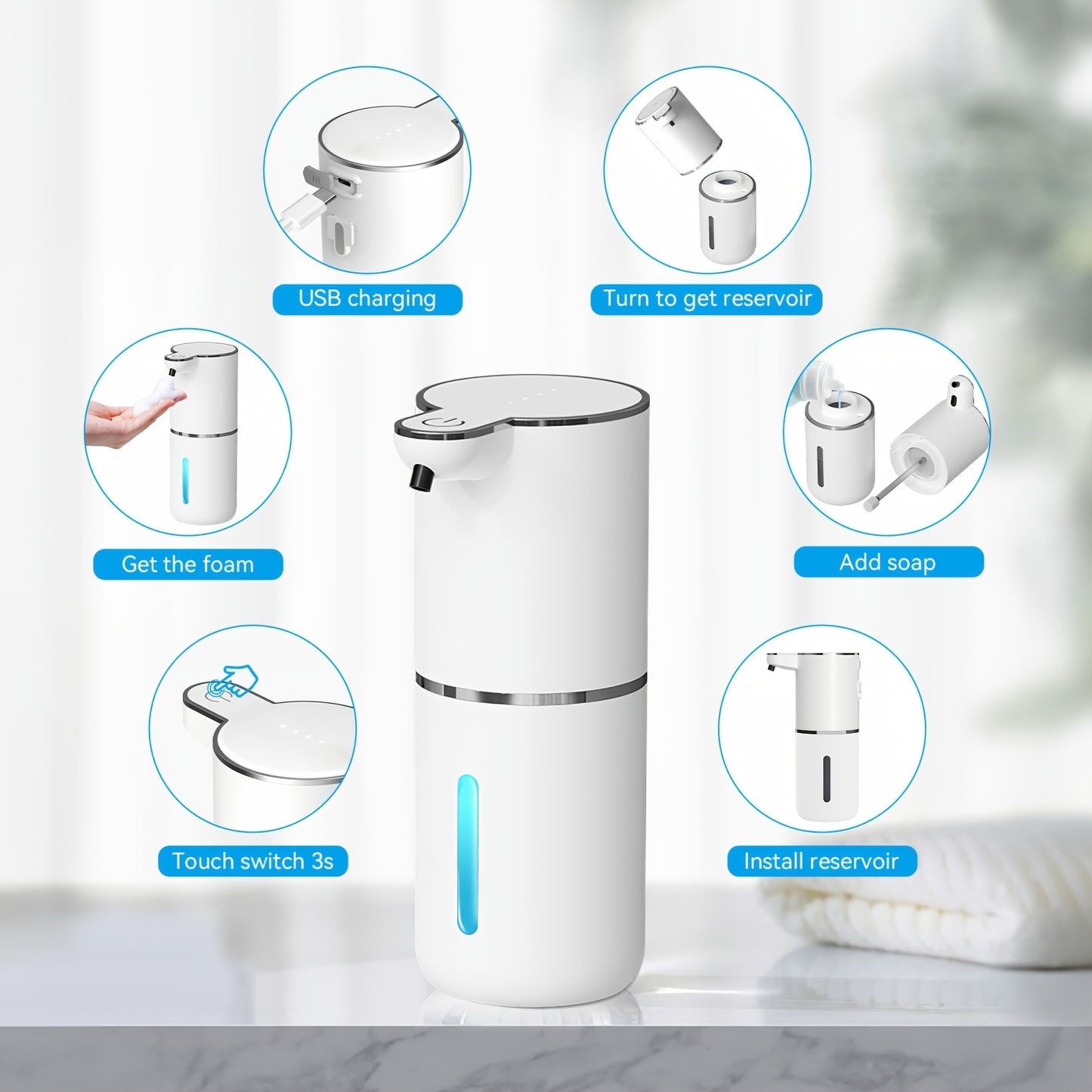 Automatic Touchless Foaming Soap Dispenser – 13.5oz, USB Rechargeable, 4-Level Adjustable