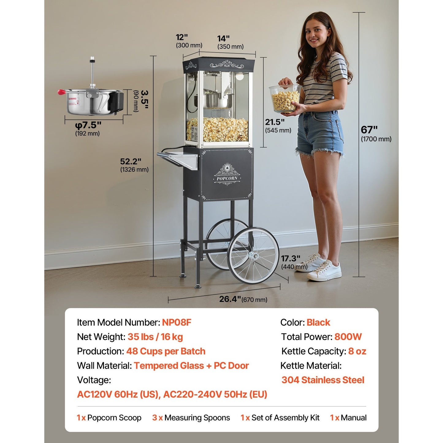 VEVOR Popcorn Machine with Cart 800W 8oz Kettle Maker 48 Cups Black/Red/White