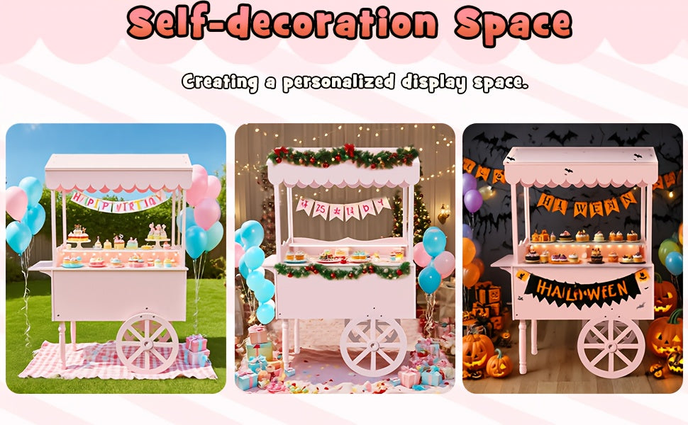 Candy Cart with Wheels – Wooden Dessert Display Stand for Indoor/Outdoor Use