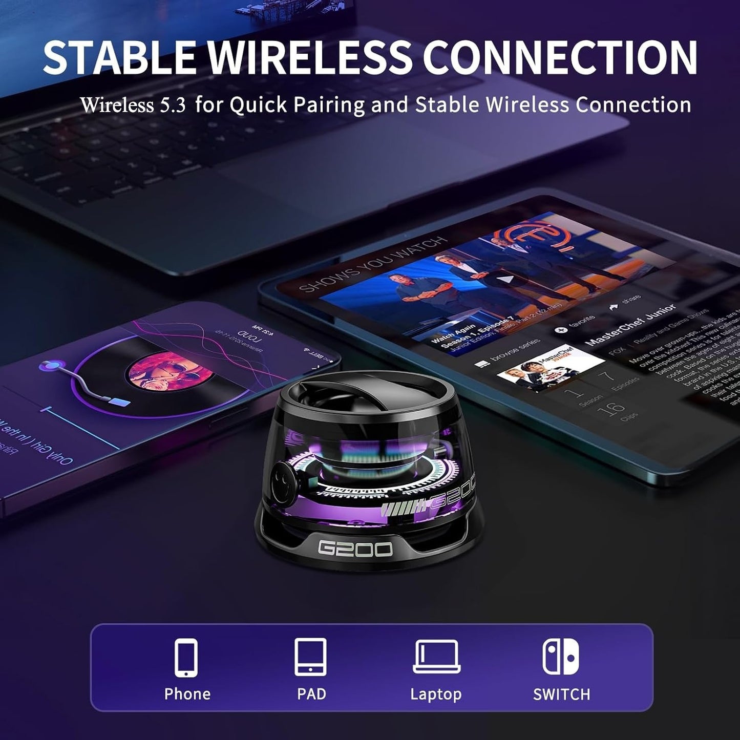 Portable Magnetic Mini Bluetooth Speaker RGB Lights, Phone Stand, Dual Bass, USB-C