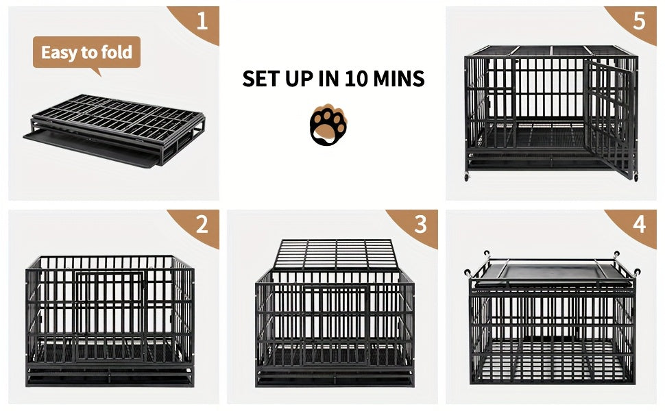 48" XXL Heavy-Duty Dog Crate Escape-Proof Double Door w/ Wheels & Tray