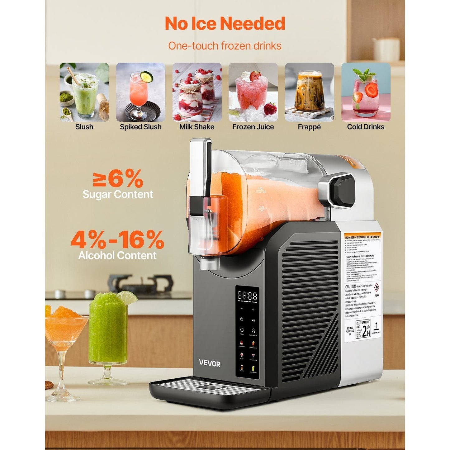 VEVOR 2L Automatic Slushy Machine, No Ice Needed for Frozen Drinks