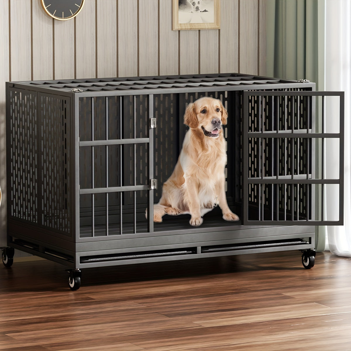 54/48/42/38 Inch Heavy Duty Dog Crate | XL XXL Folding Metal Cage w/ Wheels & Tray