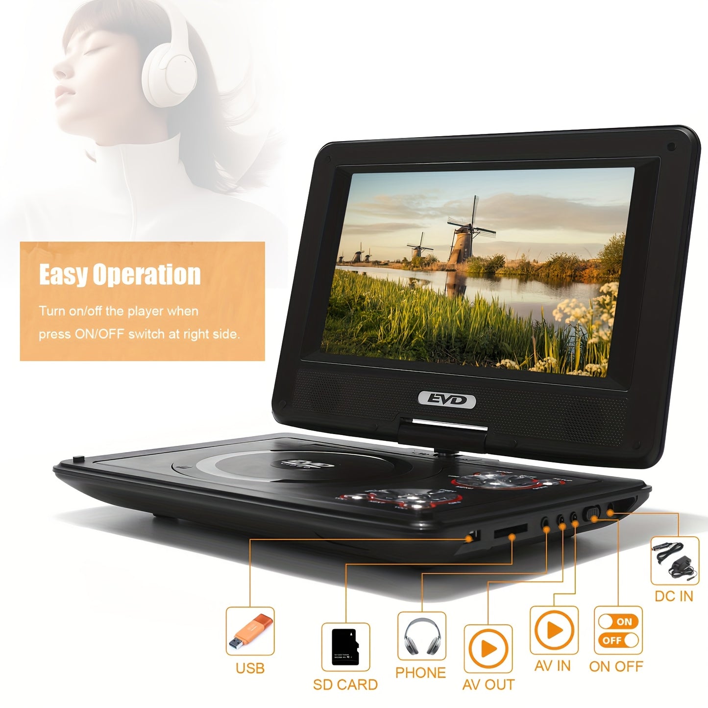 11.5" Portable DVD Player, 9.5" Swivel Screen, 5Hr Battery, Car/Home, CD/DVD/USB/SD, Region Free – Black