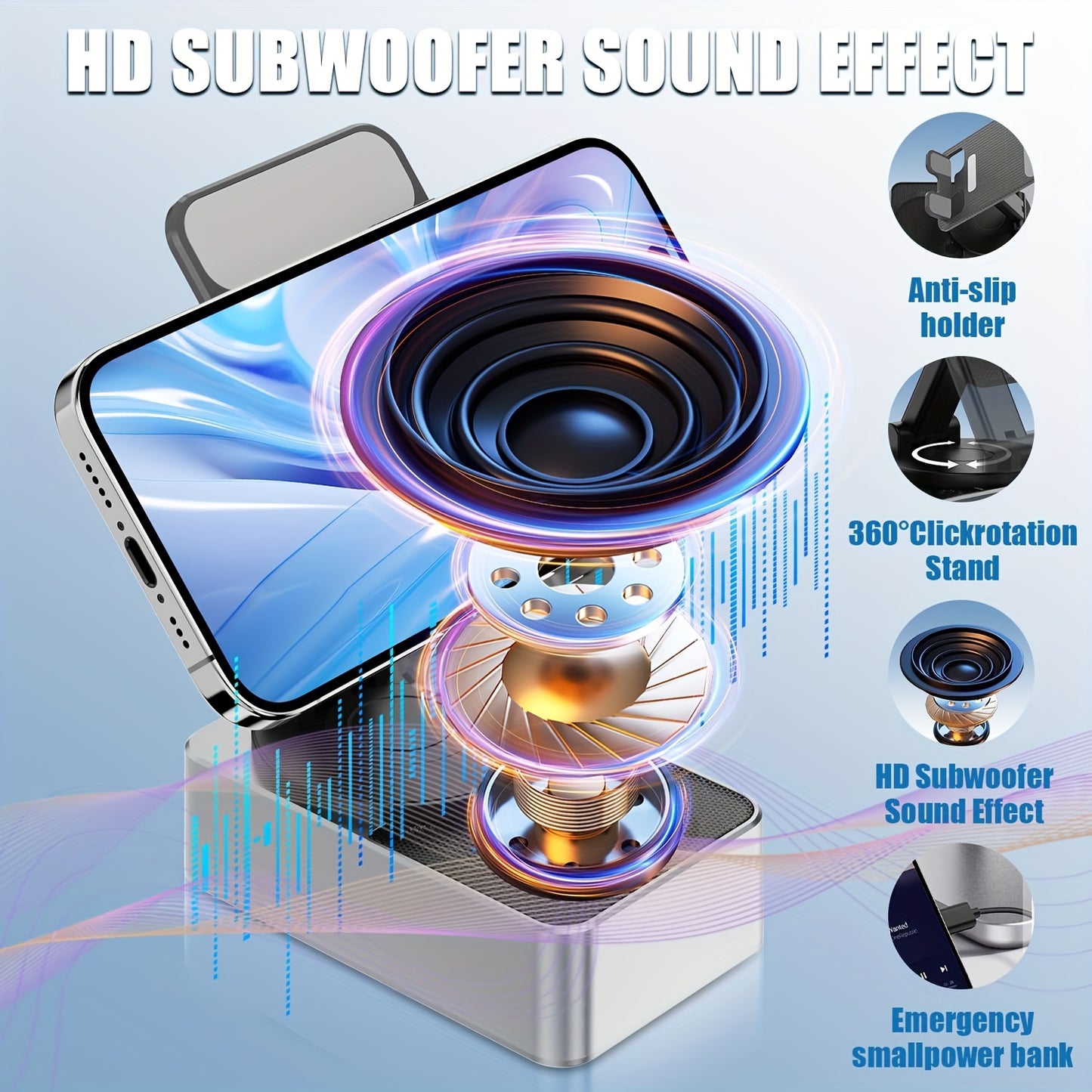 Portable 5-in-1 Wireless Speaker with Phone Holder, 1500mAh, Stereo Sound, Adjustable USB Desktop Stand