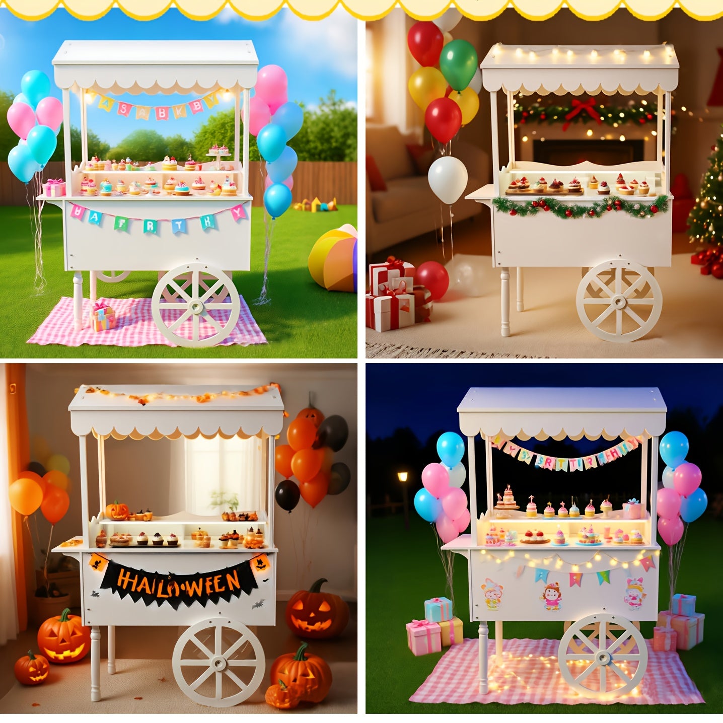 Candy Cart with Wheels – Wooden Dessert Display Stand for Indoor/Outdoor Use