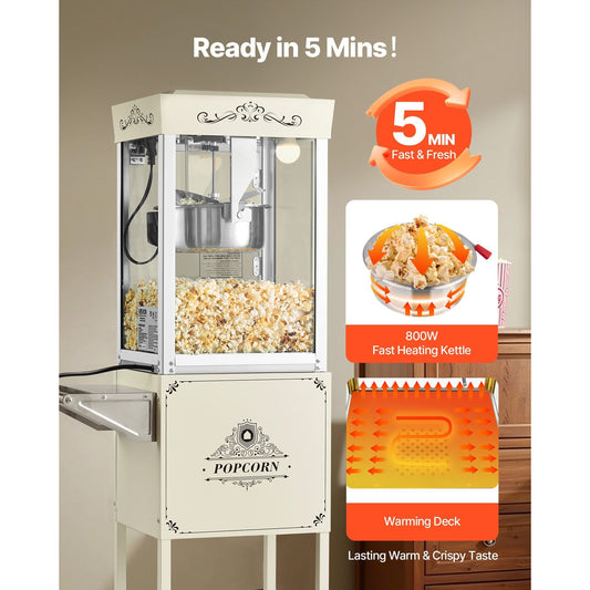 VEVOR Popcorn Machine with Cart 800W 8oz Kettle Maker 48 Cups Black/Red/White