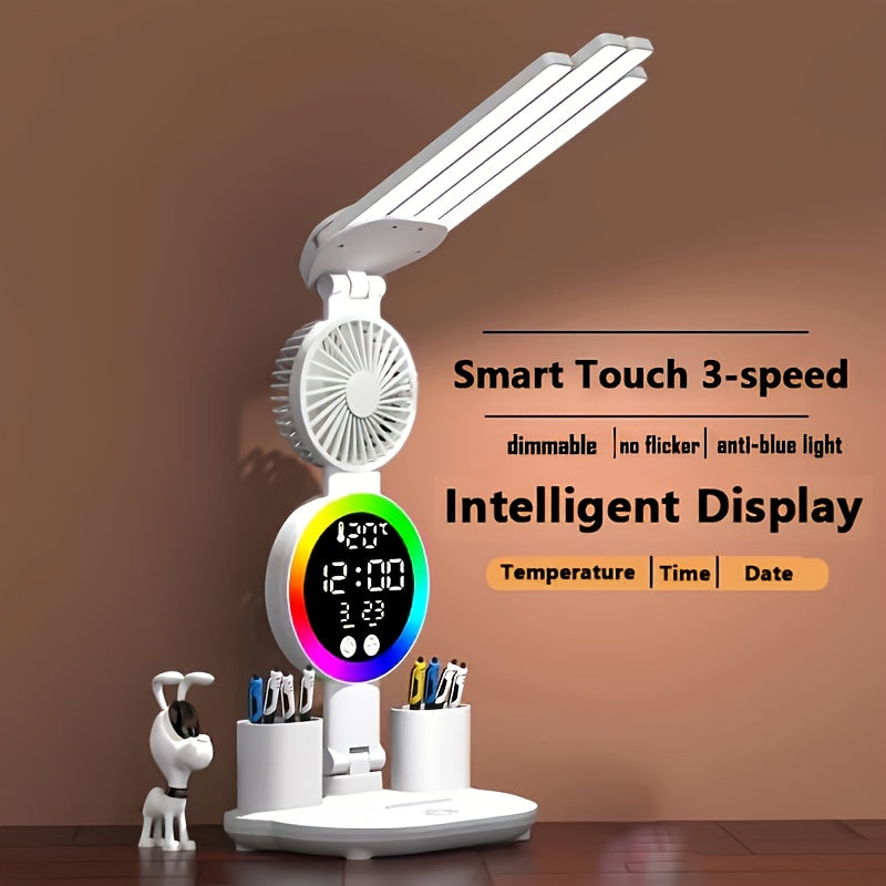 Smart Touch LED Desk Lamp – Dual Head, Dimmable, USB Powered with Fan & Night Light, Eye Protection for Home, Office & Dorm Study