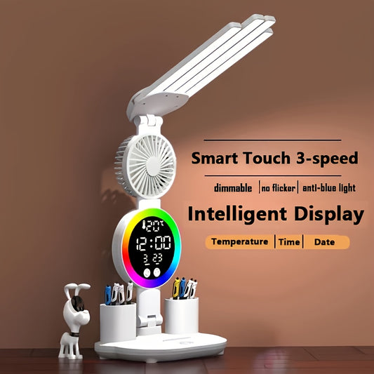 Smart Touch LED Desk Lamp – Dual Head, Dimmable, USB Powered with Fan & Night Light, Eye Protection for Home, Office & Dorm Study