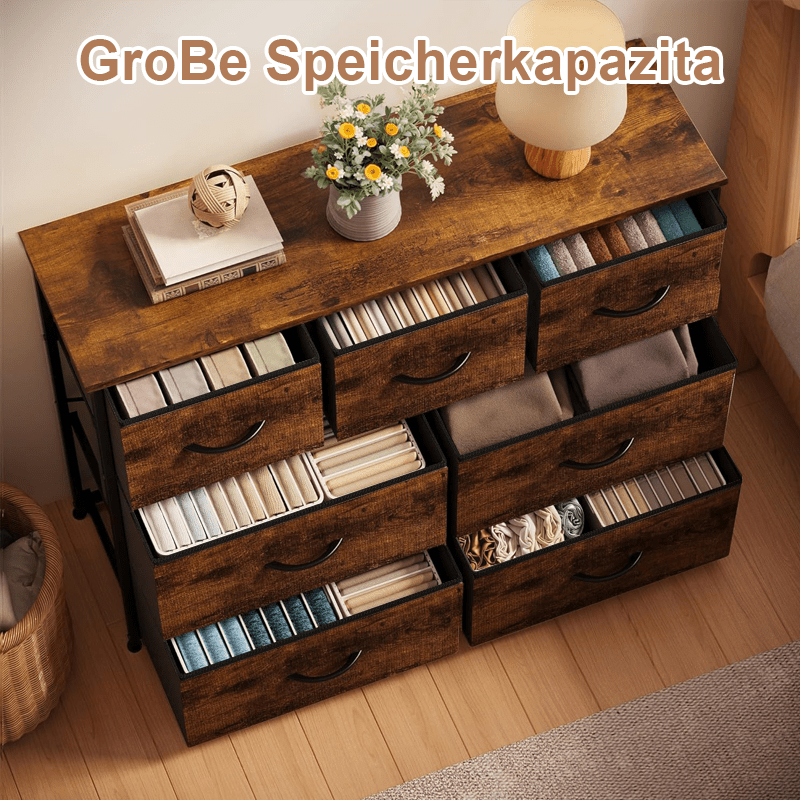 7-Grid Fabric Drawer Organizer – Metal Frame, Wooden Top, Multi-Room Storage Solution