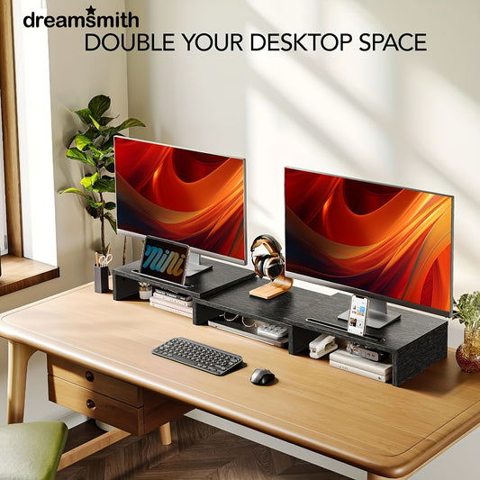 Dual Monitor Stand – Adjustable Length & Angle, 2 Slots, Dreamsmith Riser