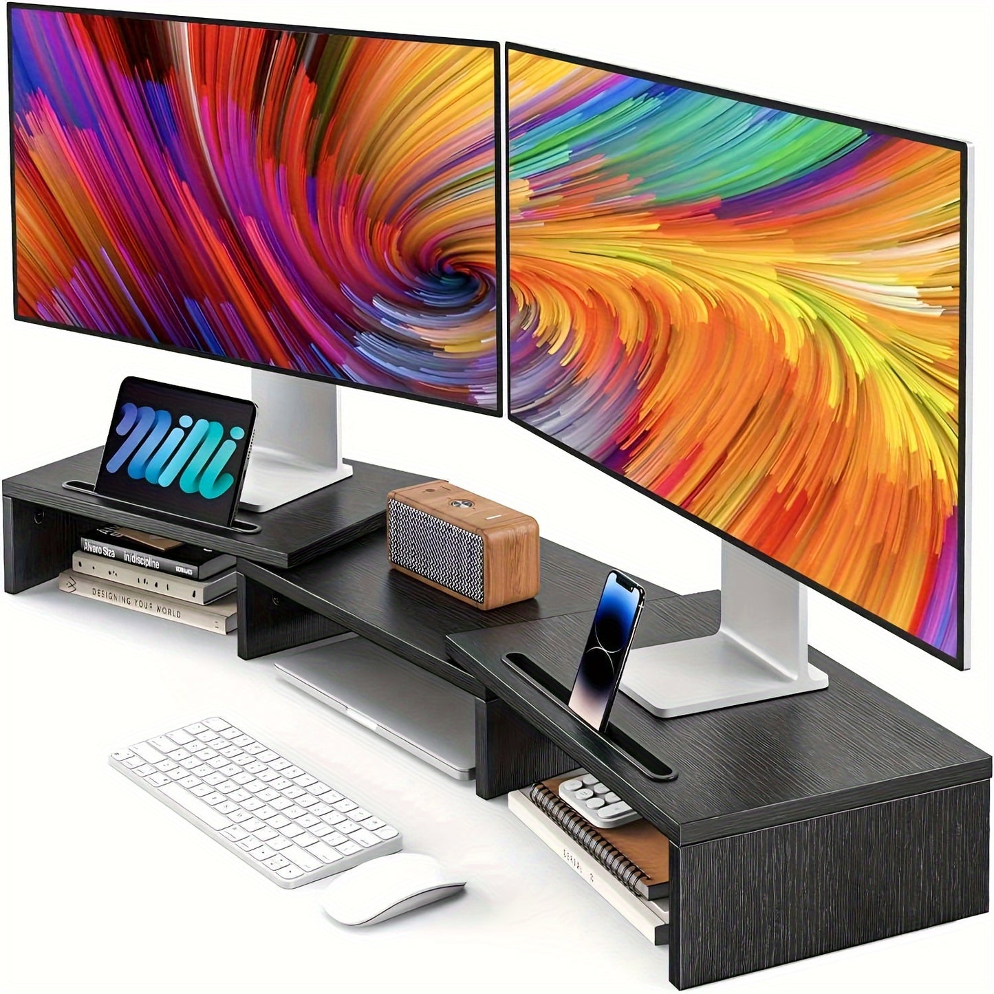 Dual Monitor Stand – Adjustable Length & Angle, 2 Slots, Dreamsmith Riser