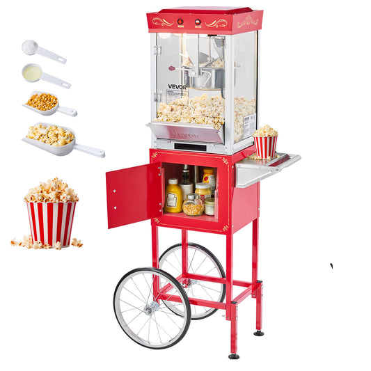 VEVOR Popcorn Machine with Cart 800W 8oz Kettle Maker 48 Cups Black/Red/White