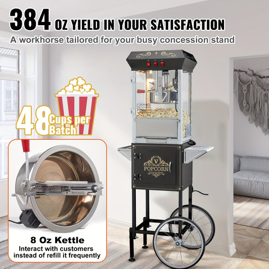 Happybuy Popcorn Popper Machine with Cart, 8 Oz Kettle, 48 Cups, 850W, Black