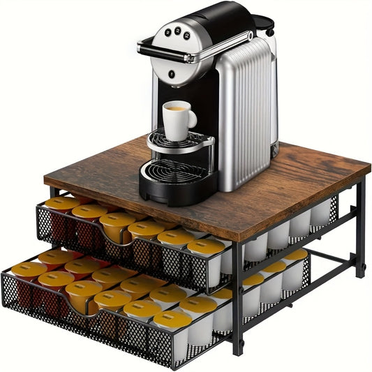 Black Wood & Iron Coffee Rack – K-Cup Holder with Double Drawers, Coffee Station Organizer