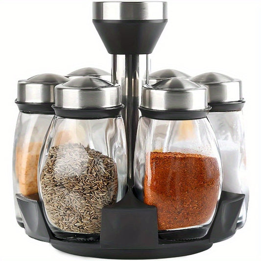 6-Pot Spice Rack Tower – 360° Rotating Kitchen Organizer with Glass Jars, Countertop Storage