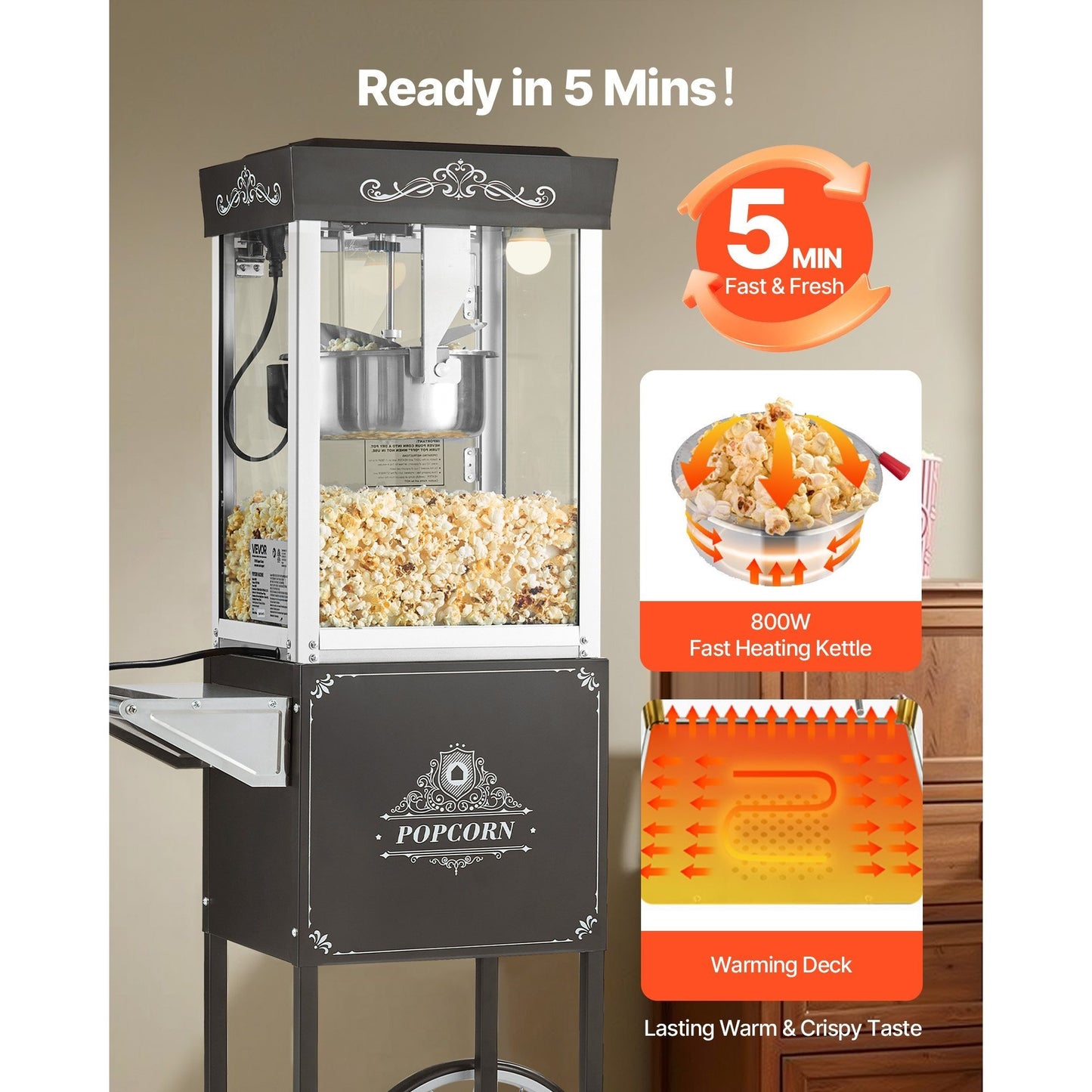 VEVOR Popcorn Machine with Cart 800W 8oz Kettle Maker 48 Cups Black/Red/White