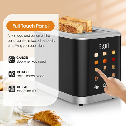 2-Slice Touchscreen Toaster – LCD Display, 6 Levels, Bagel/Defrost, Stainless Steel