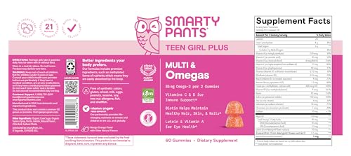 Teen Girl Daily Gummies – SmartyPants Multivitamin with Omega-3, A–K, and Biotin (60 ct)