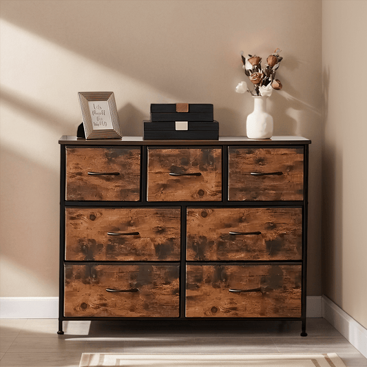 7-Grid Fabric Drawer Organizer – Metal Frame, Wooden Top, Multi-Room Storage Solution