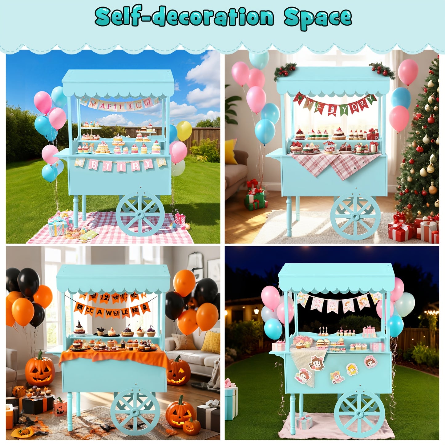 Candy Cart with Wheels – Wooden Dessert Display Stand for Indoor/Outdoor Use