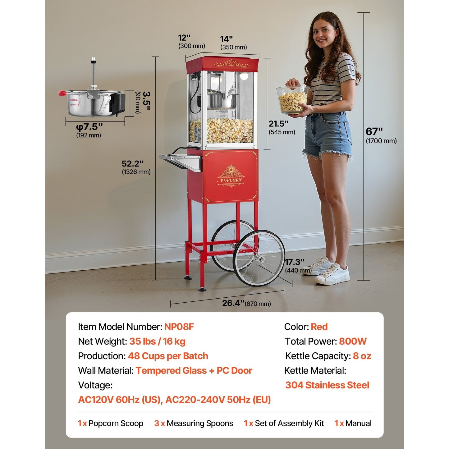 VEVOR Popcorn Machine with Cart 800W 8oz Kettle Maker 48 Cups Black/Red/White