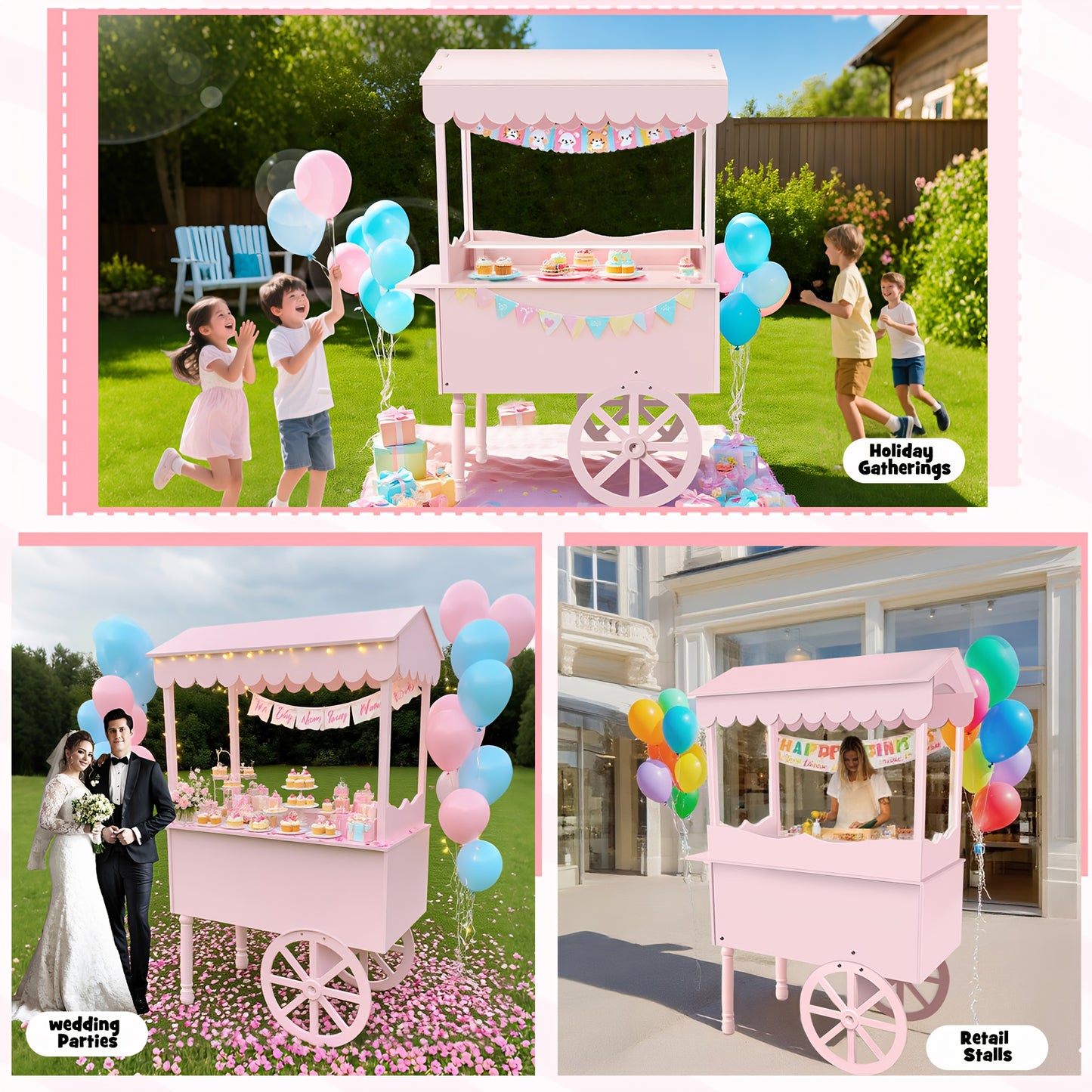 Candy Cart with Wheels – Wooden Dessert Display Stand for Indoor/Outdoor Use