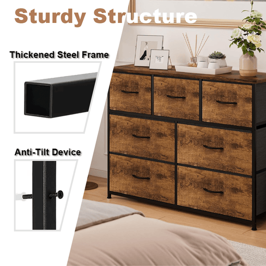 7-Grid Fabric Drawer Organizer – Metal Frame, Wooden Top, Multi-Room Storage Solution