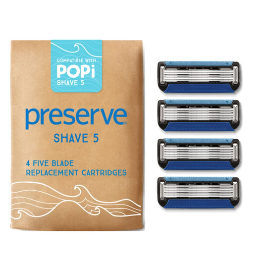 Preserve POPi Shave Razor Blades Refills - 5 Blade Razors for Men & Women - Ceramic Coated Shavers for Comfort with Aloe-Cocoa Butter Strip - Reusable Shaving Refill - 4 Pack