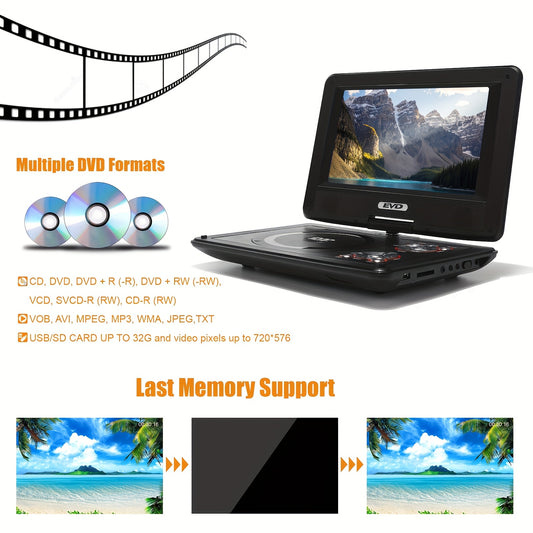 11.5" Portable DVD Player, 9.5" Swivel Screen, 5Hr Battery, Car/Home, CD/DVD/USB/SD, Region Free – Black