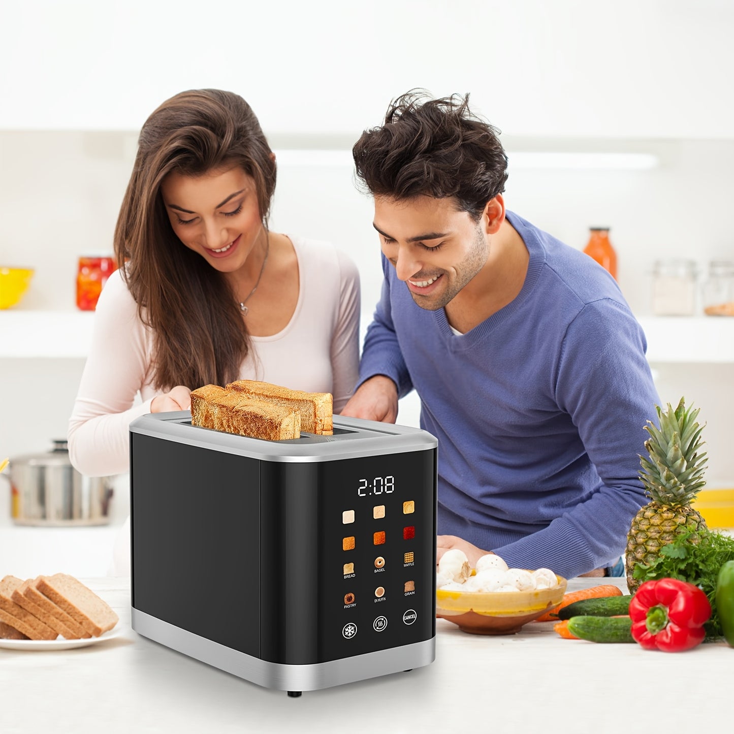 2-Slice Touchscreen Toaster – LCD Display, 6 Levels, Bagel/Defrost, Stainless Steel