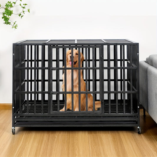 48" XXL Heavy-Duty Dog Crate Escape-Proof Double Door w/ Wheels & Tray