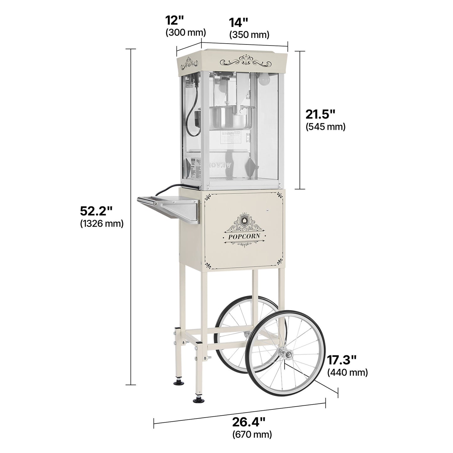 VEVOR Popcorn Machine with Cart 800W 8oz Kettle Maker 48 Cups Black/Red/White