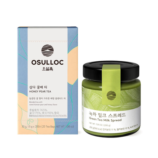 OSULLOC Green Tea Milk Spread (7.05 oz, 200g) & Honey Pear Tea (20 count, 1.06 oz)