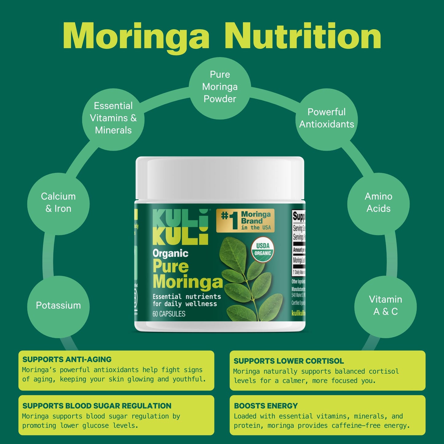 Kuli Kuli Organic Moringa – Superfood Capsules for Energy & Vitality (60 ct)
