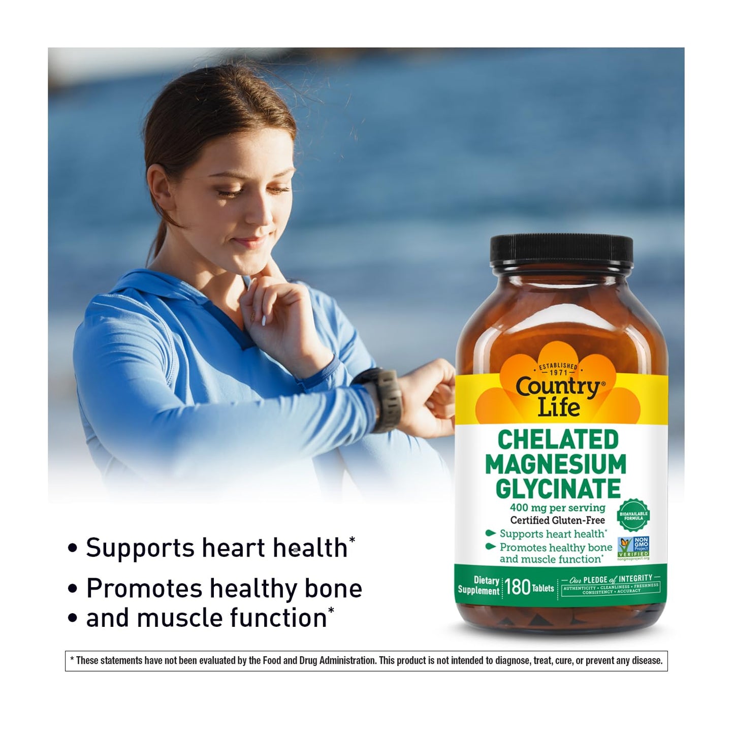 Chelated Magnesium by Country Life – High Absorption for Relaxation & Immunity (180 ct)